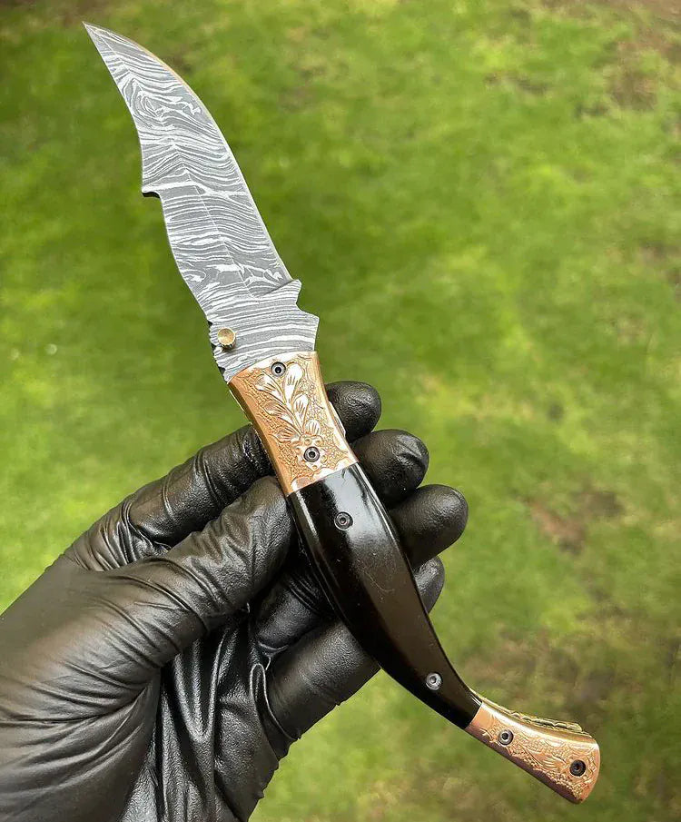 Texan Knives Hunting Knives Custom Handmade Damascus Blade EDC Folding Pocket Knife with Color Bone Handle & Brass Engraved Bolster - Includes Leather Sheath