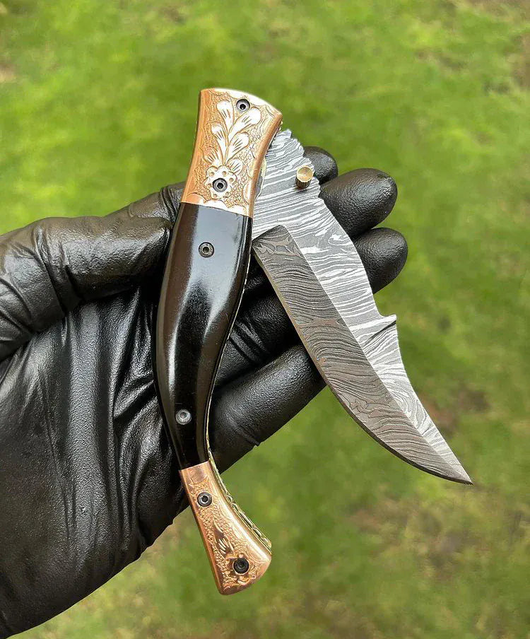 Texan Knives Hunting Knives Custom Handmade Damascus Blade EDC Folding Pocket Knife with Color Bone Handle & Brass Engraved Bolster - Includes Leather Sheath