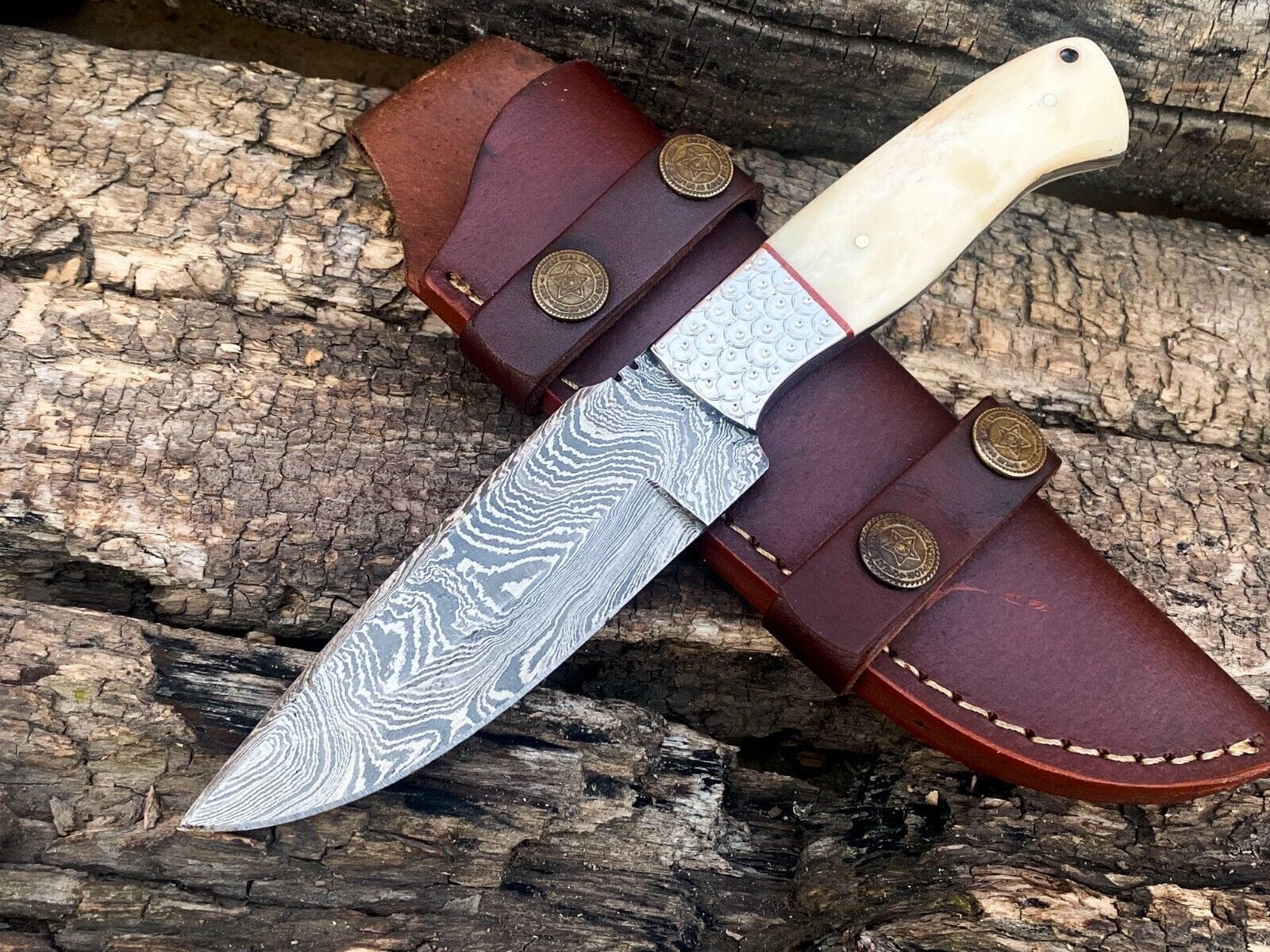 Texan Knives Hunting Knives Custom Handmade Damascus Bushcraft Knife – Camel Bone Handle