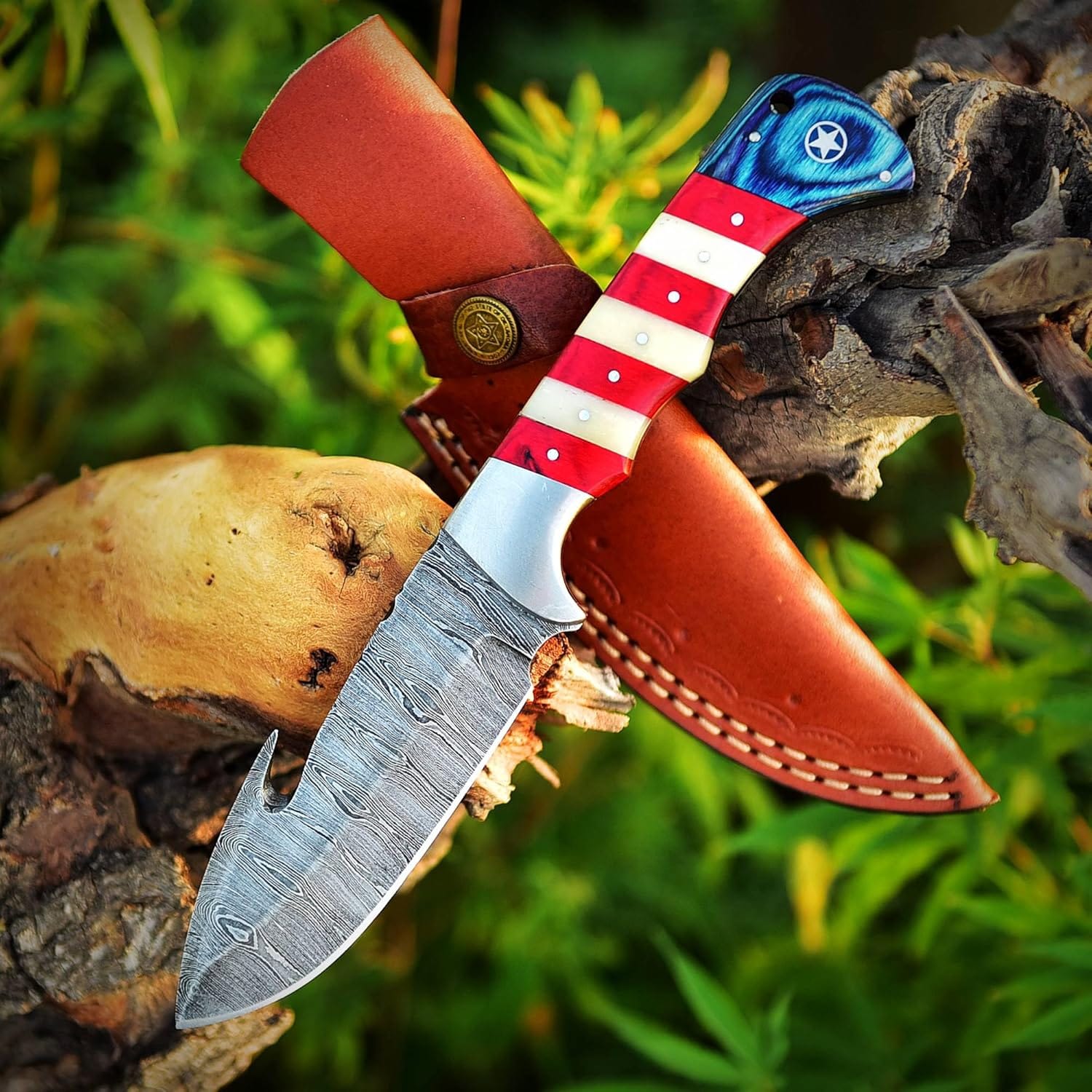 Texan Knives Hunting Knives Custom Handmade Damascus Skinning Knife with American Flag Handle