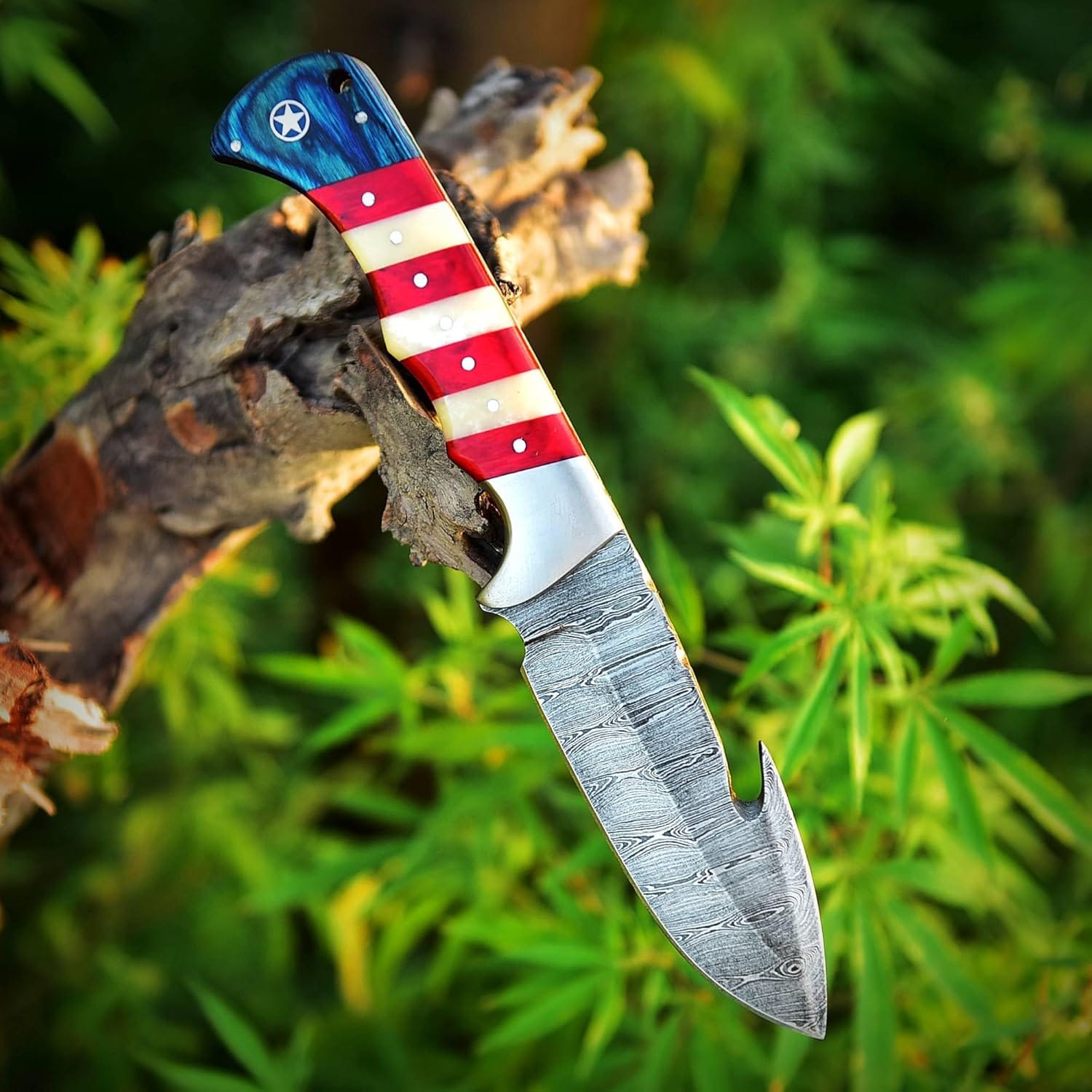 Texan Knives Hunting Knives Custom Handmade Damascus Skinning Knife with American Flag Handle