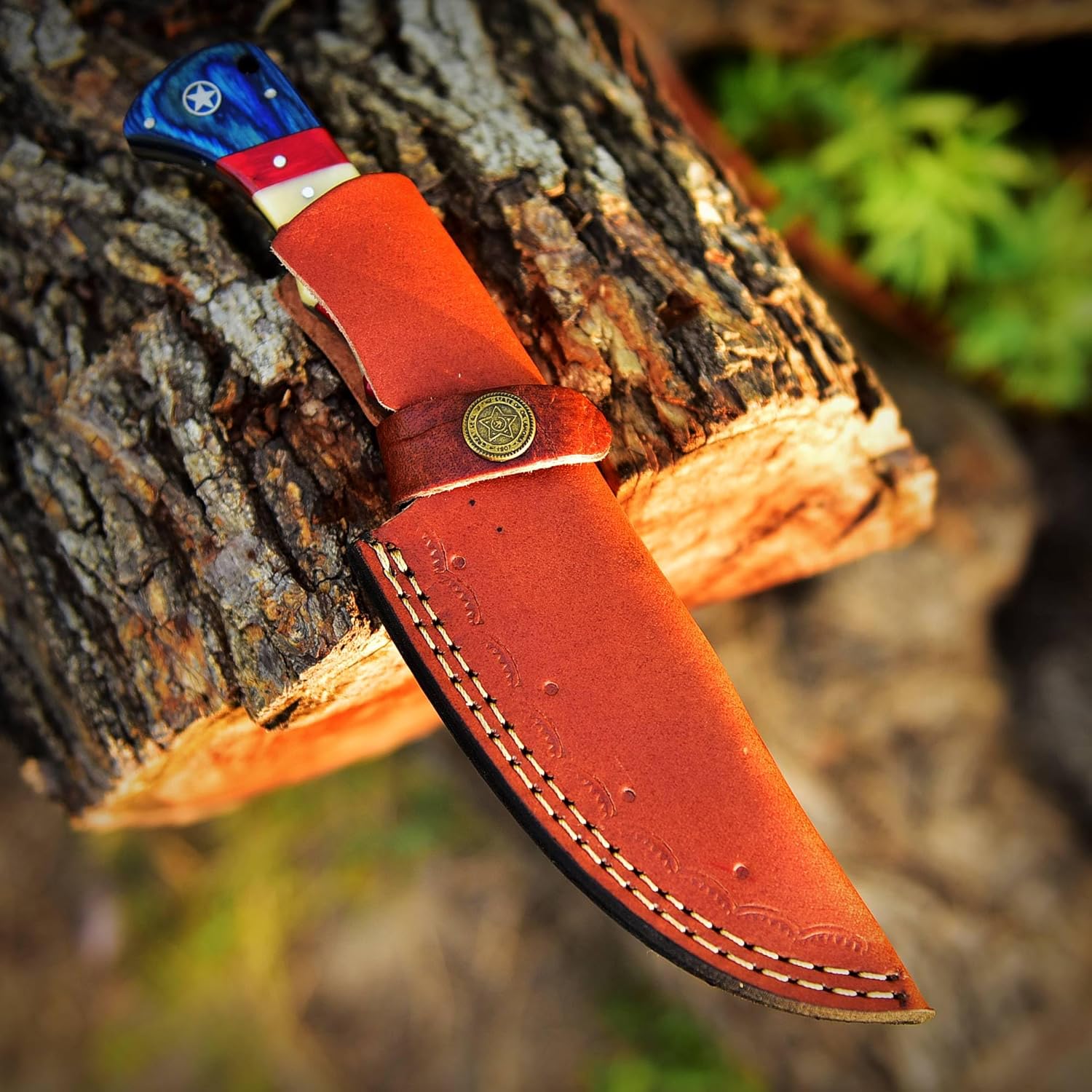 Texan Knives Hunting Knives Custom Handmade Damascus Skinning Knife with American Flag Handle