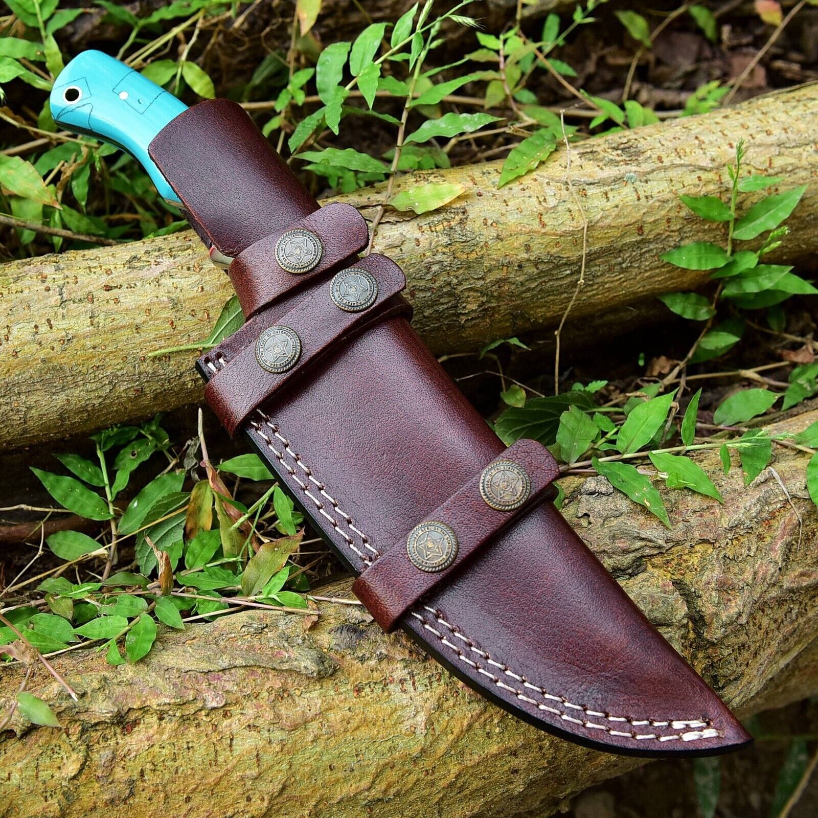 Texan Knives Hunting Knives Custom Handmade Damascus Steel Hunting Knife – 10-Inch Blade with Resin Handle, Includes Leather Sheath