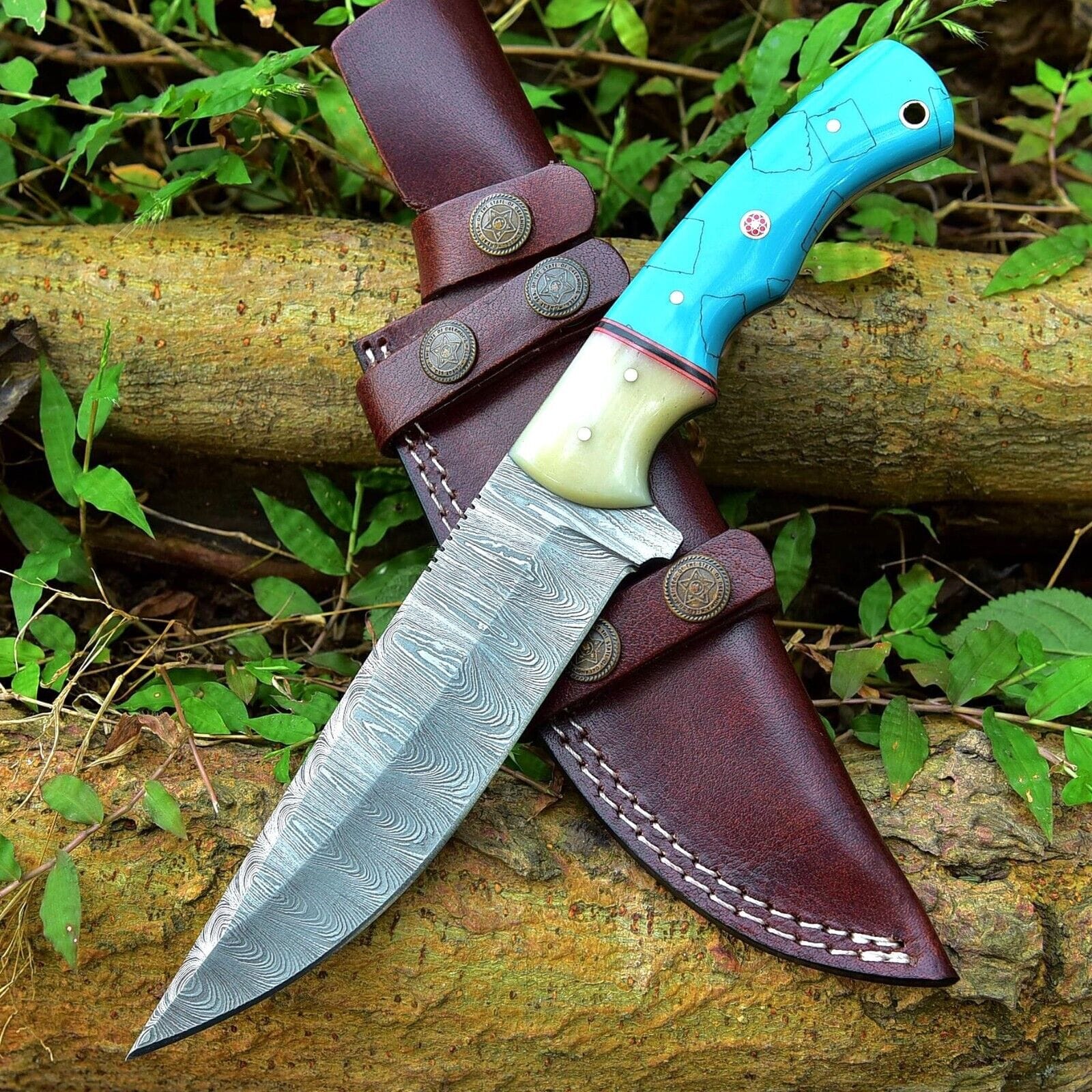 Texan Knives Hunting Knives Custom Handmade Damascus Steel Hunting Knife – 10-Inch Blade with Resin Handle, Includes Leather Sheath