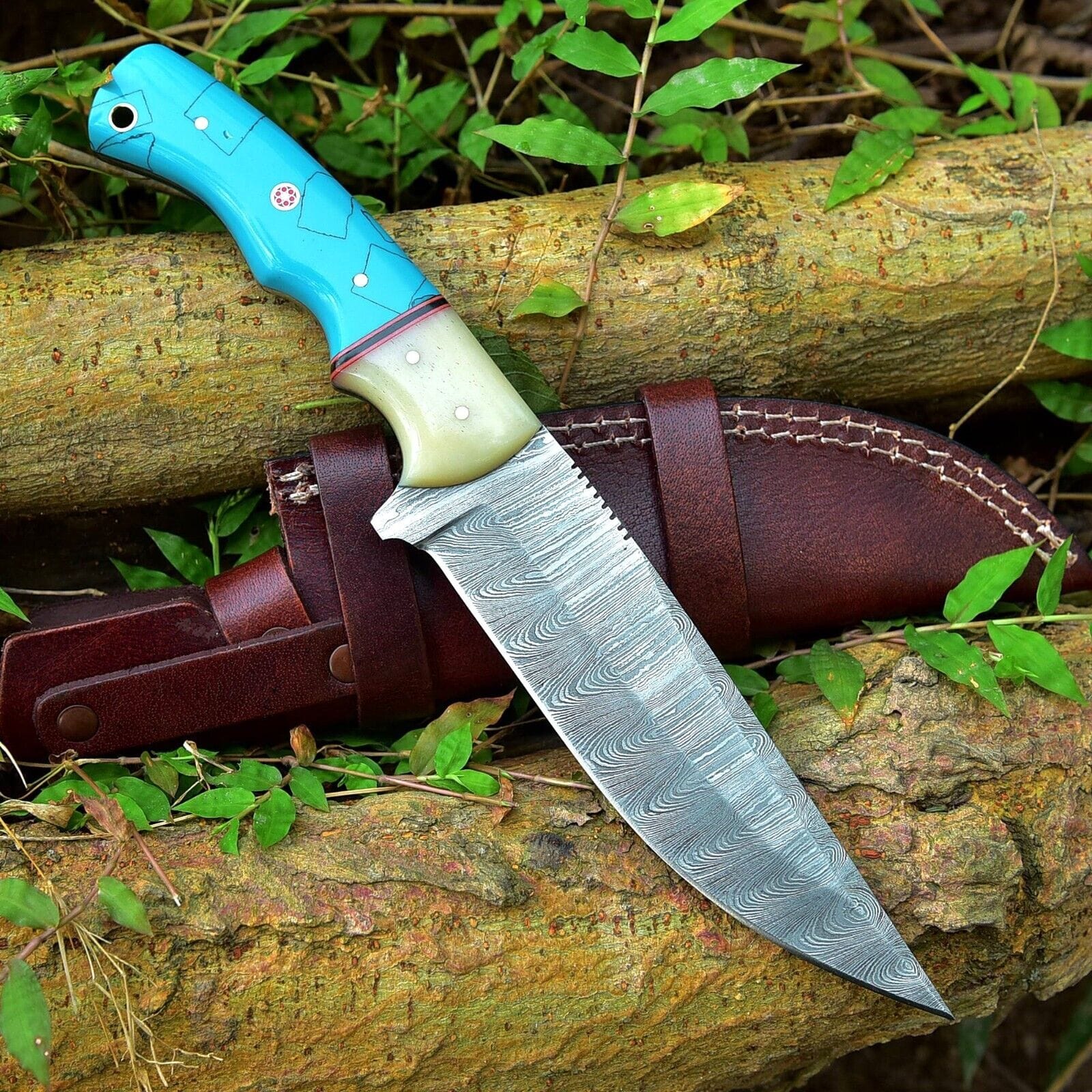 Texan Knives Hunting Knives Custom Handmade Damascus Steel Hunting Knife – 10-Inch Blade with Resin Handle, Includes Leather Sheath
