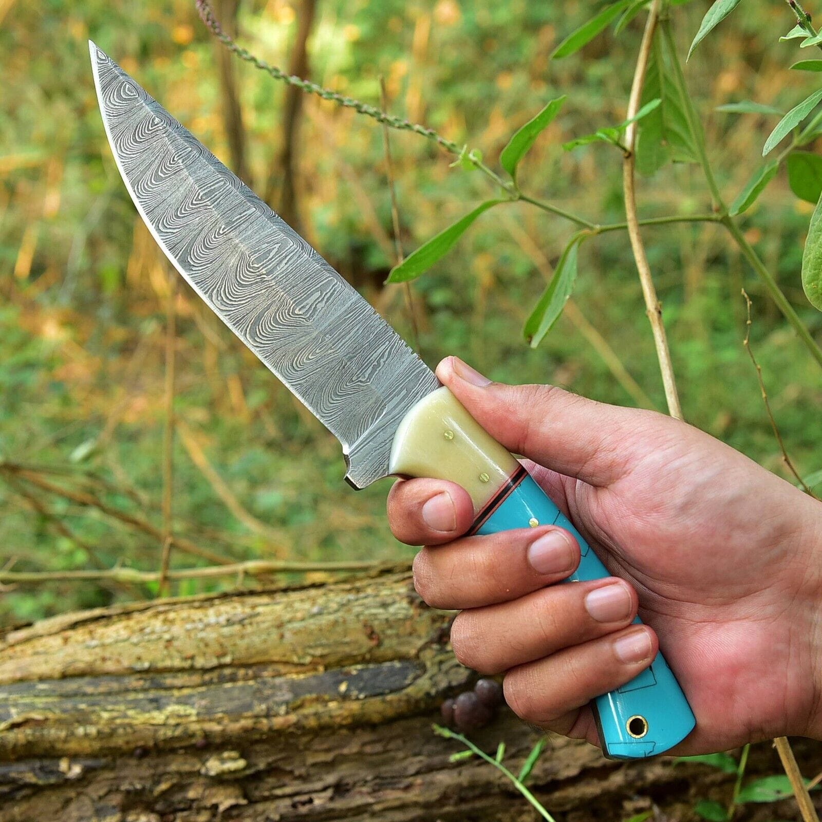 Texan Knives Hunting Knives Custom Handmade Damascus Steel Hunting Knife – 10-Inch Blade with Resin Handle, Includes Leather Sheath