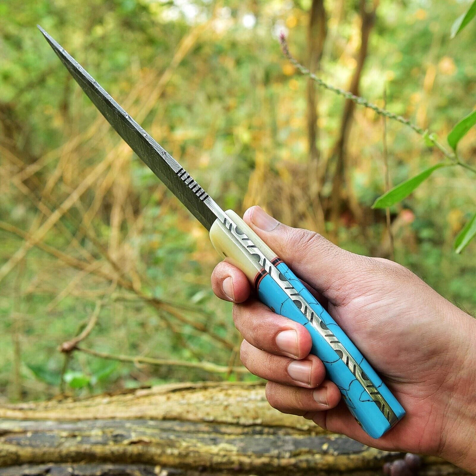 Texan Knives Hunting Knives Custom Handmade Damascus Steel Hunting Knife – 10-Inch Blade with Resin Handle, Includes Leather Sheath