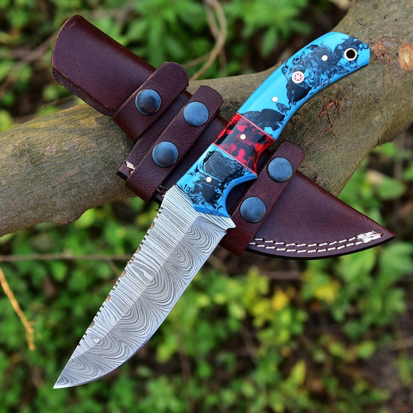 Texan Knives Hunting Knives Custom Handmade Damascus Steel Hunting Knife – 10-Inch Blade with Resin Handle, Includes Leather Sheath