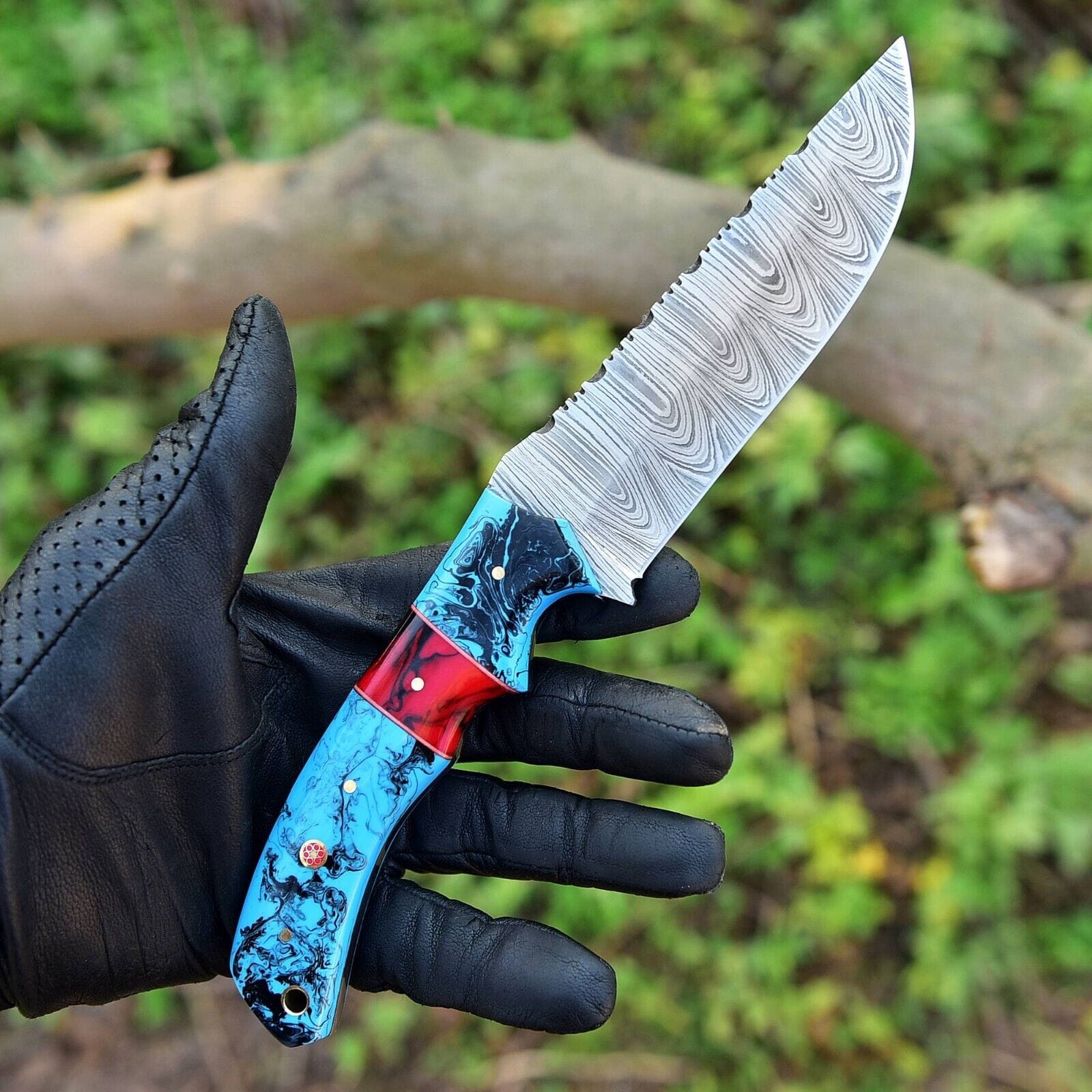 Texan Knives Hunting Knives Custom Handmade Damascus Steel Hunting Knife – 10-Inch Blade with Resin Handle, Includes Leather Sheath