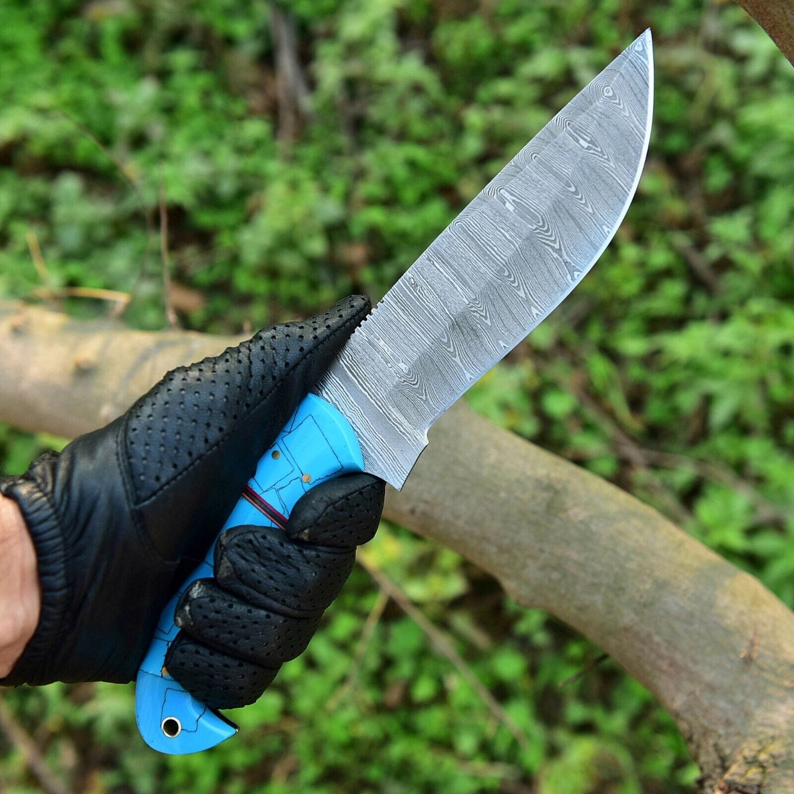 Texan Knives Hunting Knives Custom Handmade Damascus Steel Hunting Knife – 10-Inch Blade with Resin Handle, Includes Leather Sheath