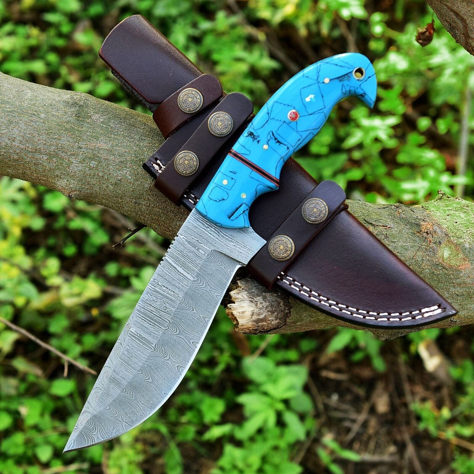 Texan Knives Hunting Knives Custom Handmade Damascus Steel Hunting Knife – 10-Inch Blade with Resin Handle, Includes Leather Sheath