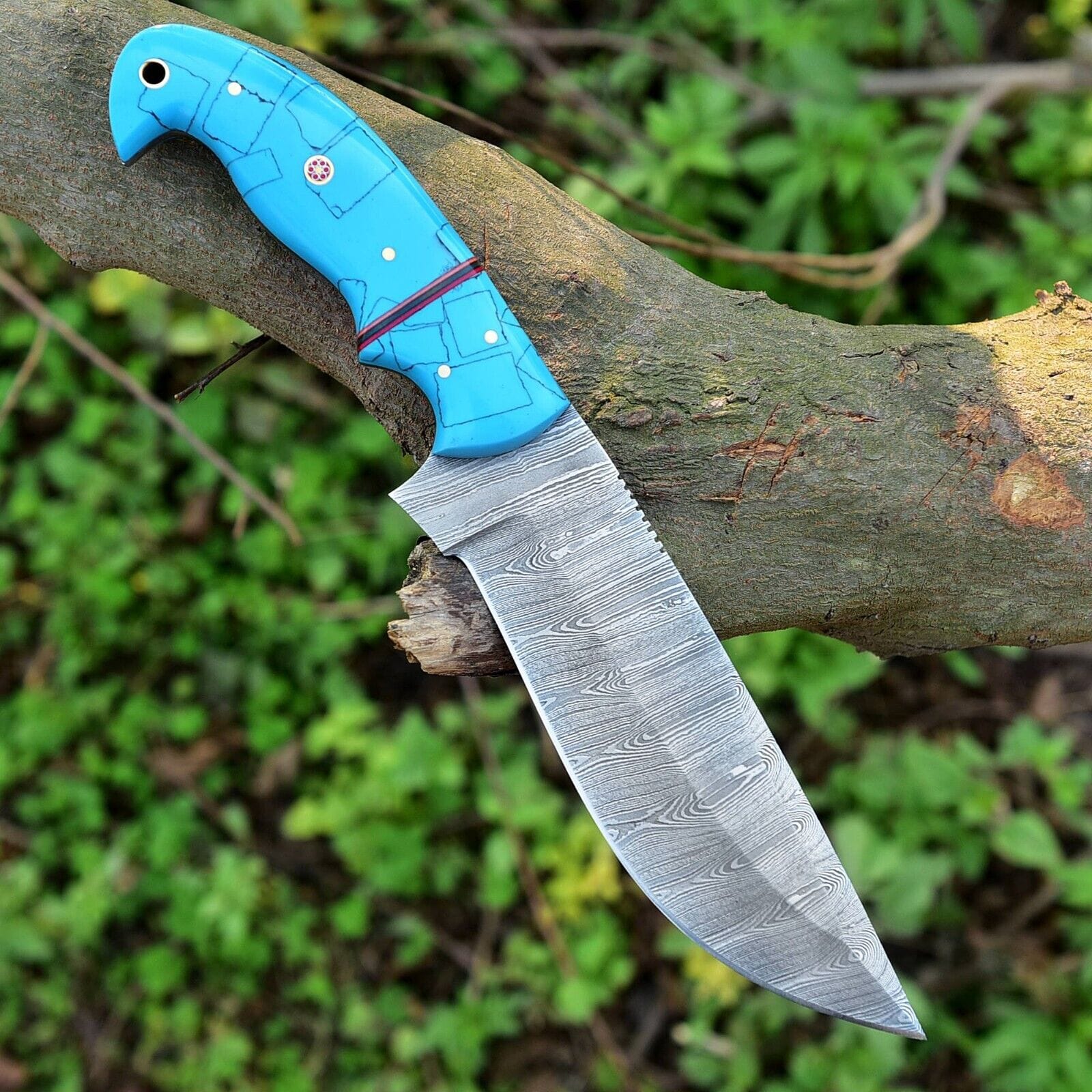 Texan Knives Hunting Knives Custom Handmade Damascus Steel Hunting Knife – 10-Inch Blade with Resin Handle, Includes Leather Sheath