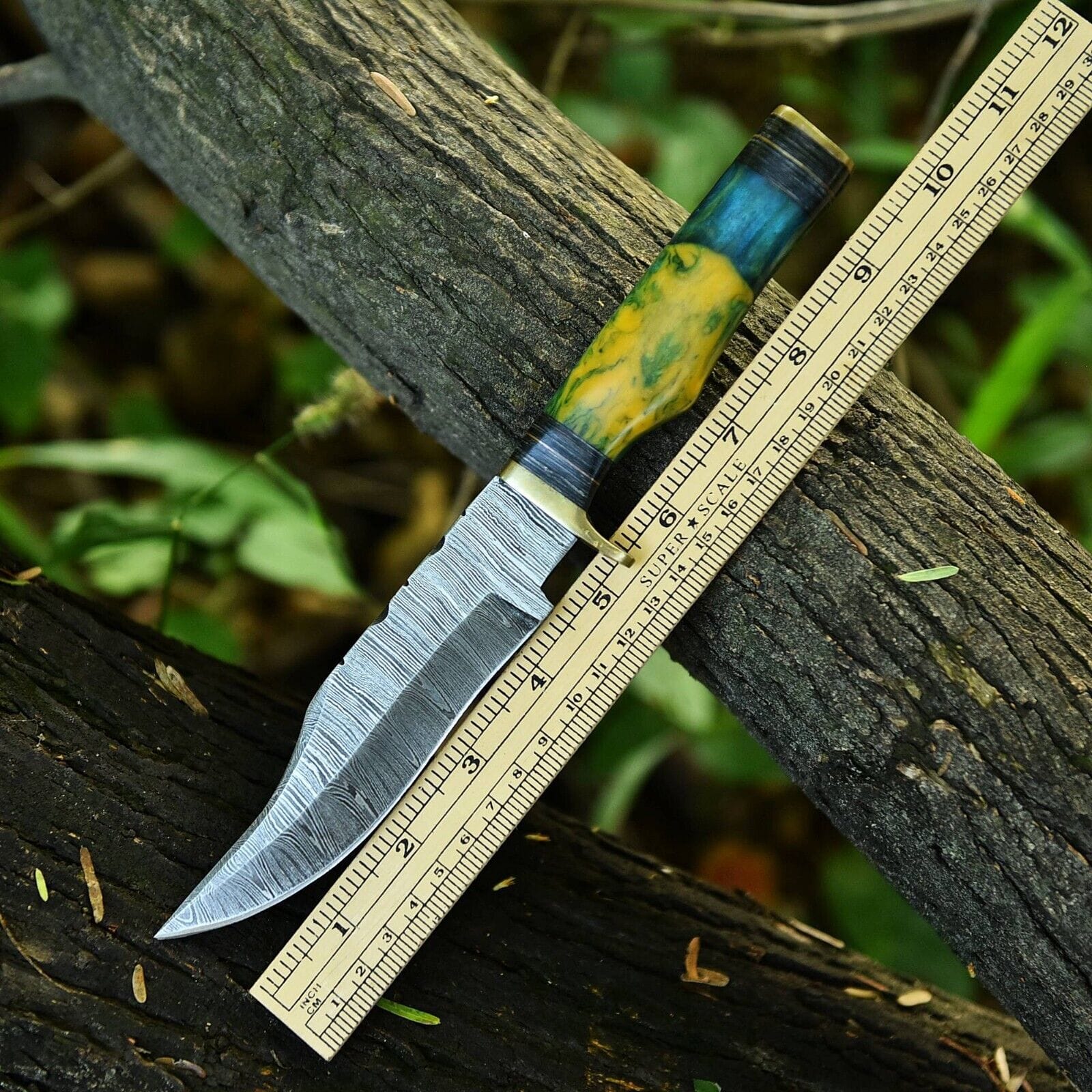 Texan Knives Hunting Knives Handcrafted 10" Damascus Steel Hunting Knife with Brass Guard & Resin Pakkawood Handle – Includes Leather Sheath