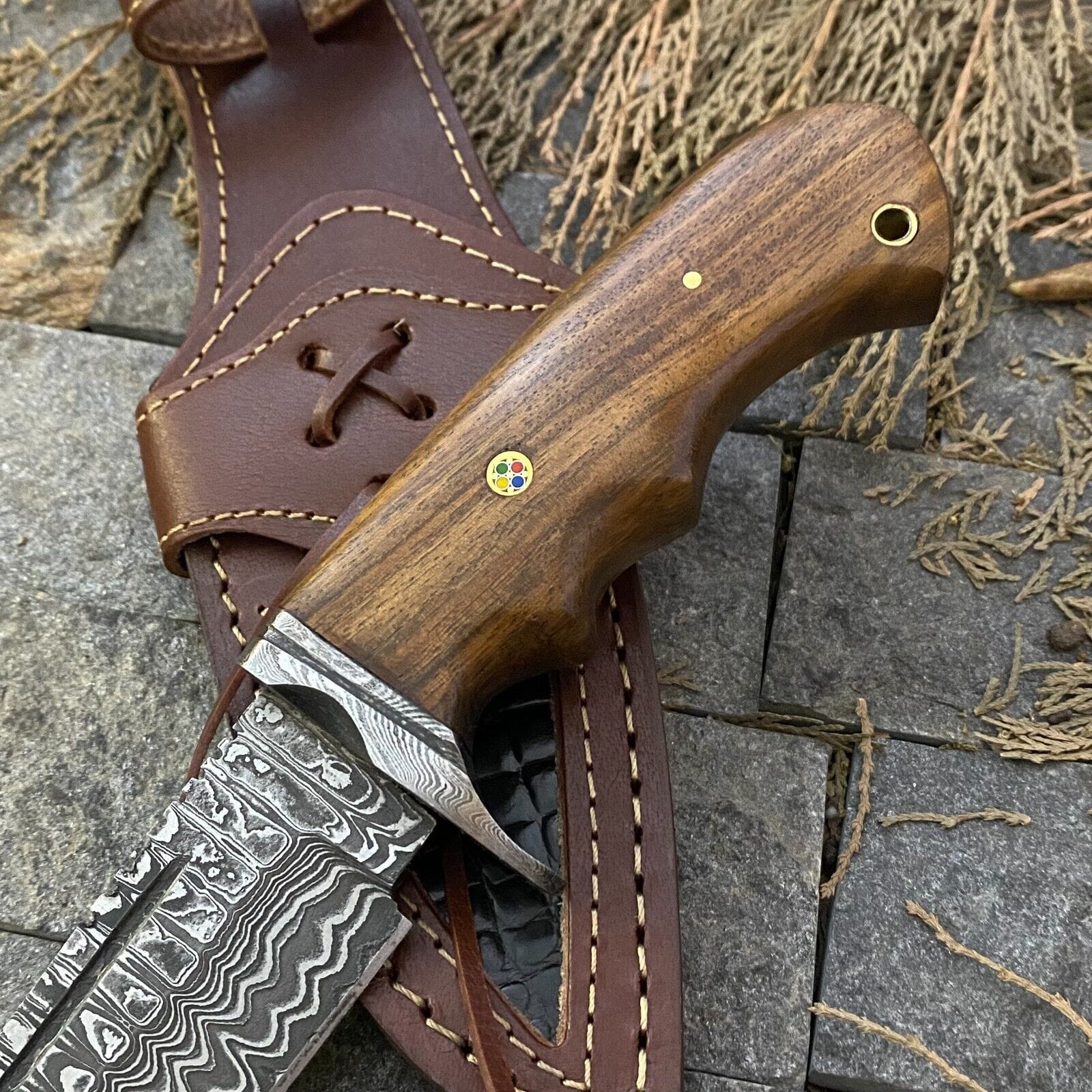 Texan Knives Hunting Knives 🔥 Handmade Damascus Steel Hunting Knife – Rosewood Handle & Damascus Guard + Leather Sheath