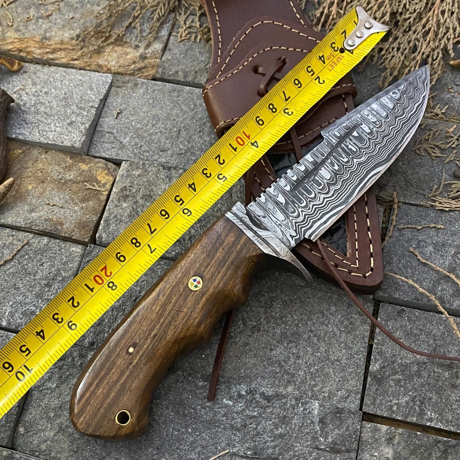 Texan Knives Hunting Knives 🔥 Handmade Damascus Steel Hunting Knife – Rosewood Handle & Damascus Guard + Leather Sheath