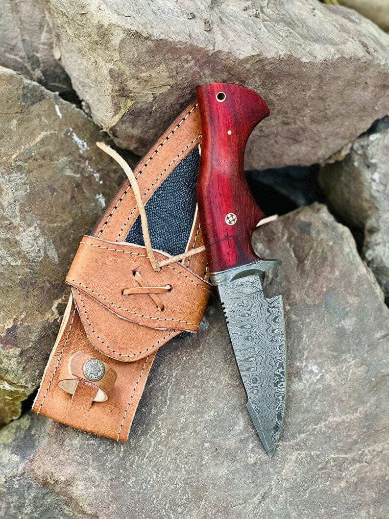 Texan Knives Hunting Knives Hunting Skinning Knife – 10" Damascus Steel Blade with Pakkawood Handle & Leather Sheath