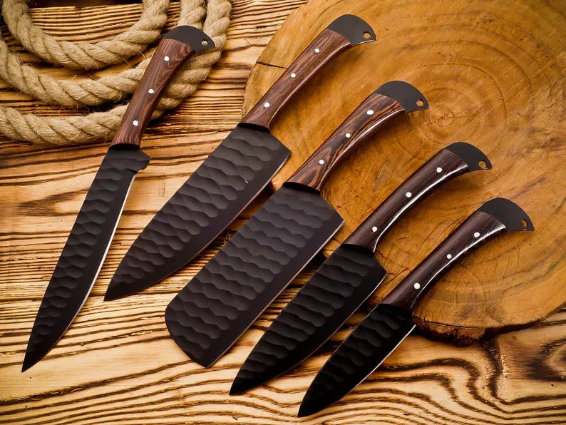 Texan Knives kitchen knives set 5 Pcs Damascus Kitchen Knife Set with Rosewood Handles & Leather Sheath