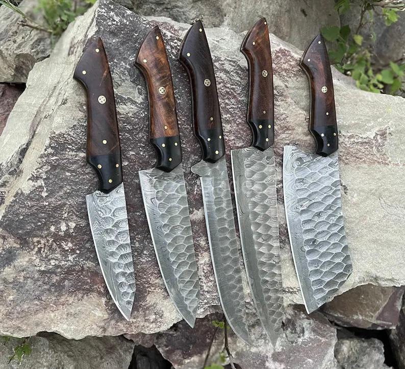 Texan Knives Kitchen knives set Beautiful Damascus Steel Knife – 8" Handmade Damascus Blade with Rosewood Handle & Leather Sheath