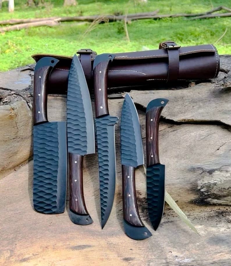 Texan Knives Kitchen knives set Best Budget Knife Set – 8" Forged Stainless Steel Blade with Wenge Wood Handle & Leather Sheath