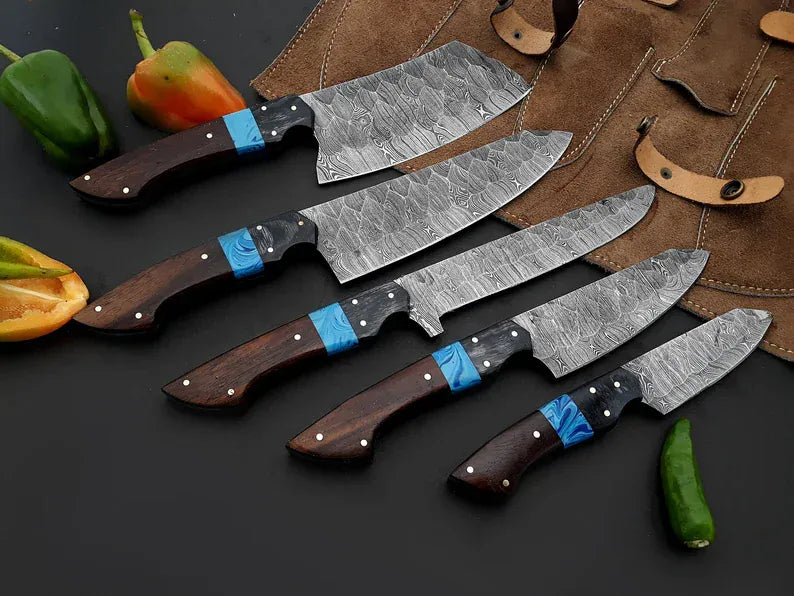 Texan Knives Kitchen knives set Best Chef Knives Sets – 13" Handmade Damascus Steel Kitchen Knife with Wenge Resin Handle & Leather Sheath