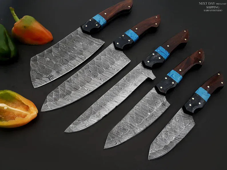 Texan Knives Kitchen knives set Best Chef Knives Sets – 13" Handmade Damascus Steel Kitchen Knife with Wenge Resin Handle & Leather Sheath