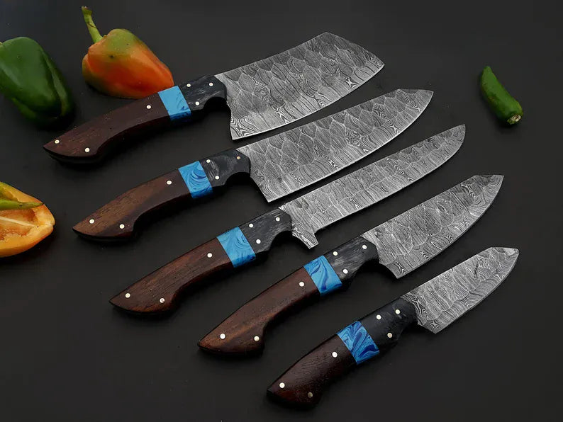 Texan Knives Kitchen knives set Best Chef Knives Sets – 13" Handmade Damascus Steel Kitchen Knife with Wenge Resin Handle & Leather Sheath