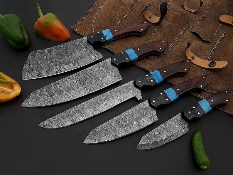 Texan Knives Kitchen knives set Best Chef Knives Sets – 8" Handmade Damascus Steel Chef Knife with Wenge Resin Handle & Leather Sheath