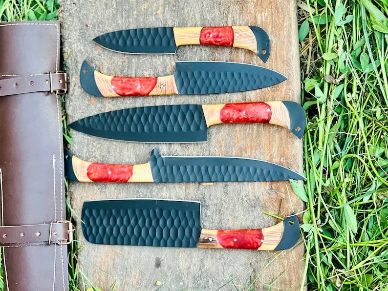 Texan Knives kitchen knives set Best Japanese Kitchen Knife Set – 13" Forged Stainless Steel Chef Knife with Olivewood & Resin Handle + Leather Sheath