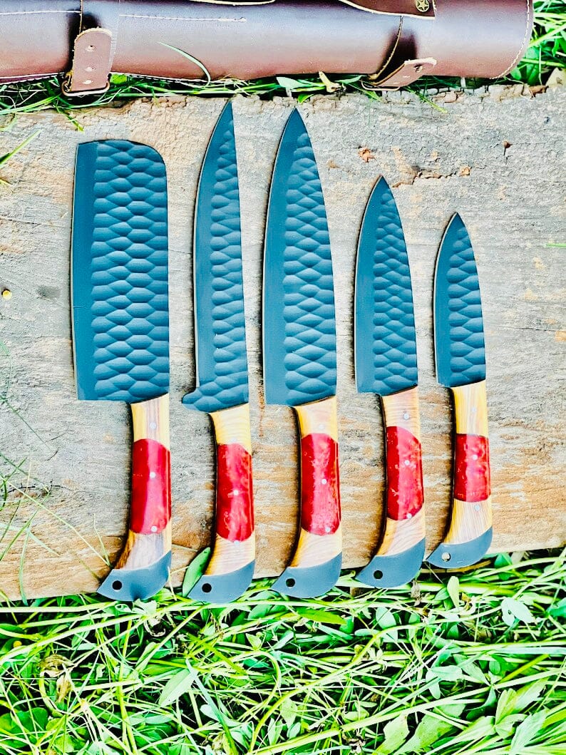 Texan Knives kitchen knives set Best Japanese Kitchen Knife Set – 13" Forged Stainless Steel Chef Knife with Olivewood & Resin Handle + Leather Sheath