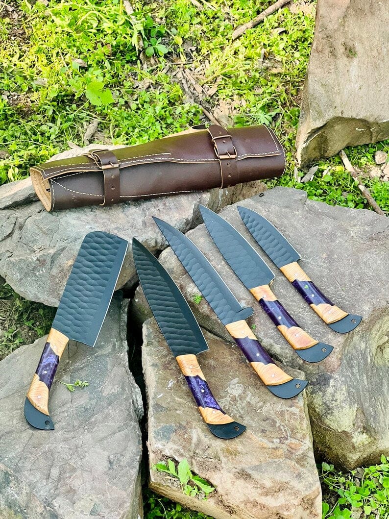 Texan Knives Kitchen knives set Best Knife Block Set – 13" Forged Stainless Steel Chef Knife with Olivewood & Epoxy Resin Handle + Leather Sheath