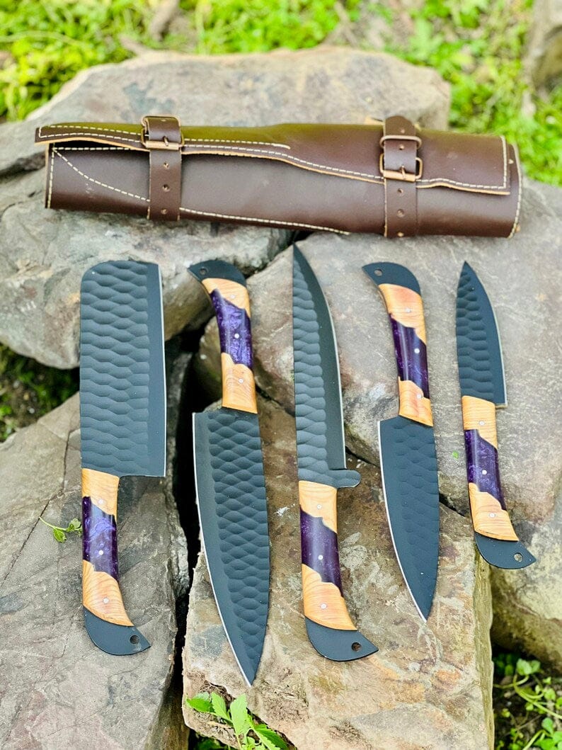 Texan Knives Kitchen knives set Best Knife Block Set – 13" Forged Stainless Steel Chef Knife with Olivewood & Epoxy Resin Handle + Leather Sheath