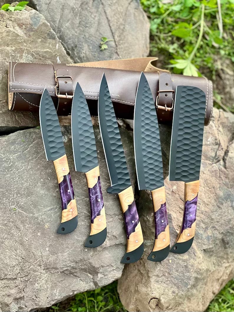 Texan Knives Kitchen knives set Best Knife Block Set – 13" Forged Stainless Steel Chef Knife with Olivewood & Epoxy Resin Handle + Leather Sheath
