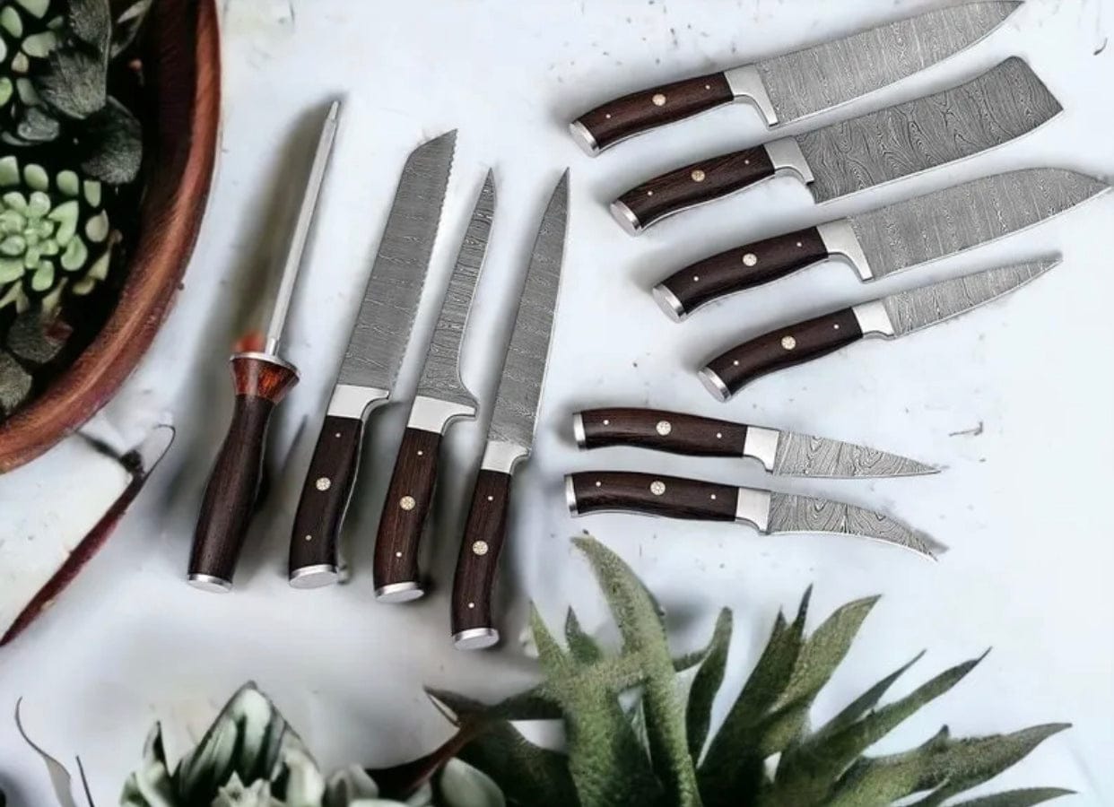 Texan Knives Kitchen knives set Best Knife Sets for Kitchen – 13" Handmade Damascus Steel Chef Knife with Rosewood Handle & Leather Sheath
