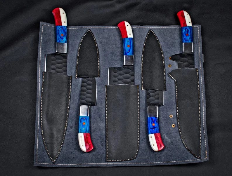 Texan Knives kitchen knives set Custom Hand Forged Carbon Steel Chef’s Knife Set – 5 PCS BBQ & Kitchen Knives | Best Anniversary Gift for Him