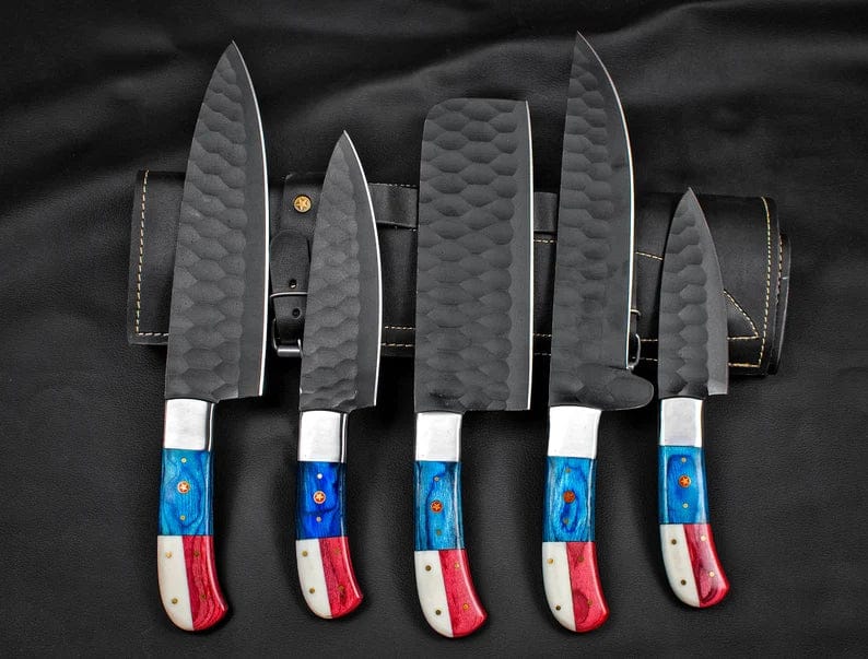 Texan Knives kitchen knives set Custom Hand Forged Carbon Steel Chef’s Knife Set – 5 PCS BBQ & Kitchen Knives | Best Anniversary Gift for Him