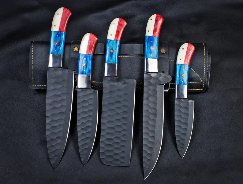 Texan Knives kitchen knives set Custom Hand Forged Carbon Steel Chef’s Knife Set – 5 PCS BBQ & Kitchen Knives | Best Anniversary Gift for Him