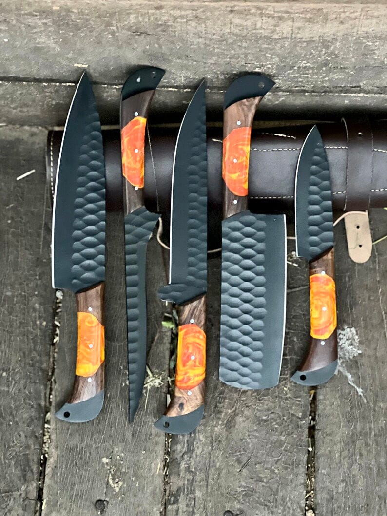 Texan Knives Kitchen knives set Damascus Steel D2 Handmade Knife Chef Set – Rosewood Resin Handle with Leather Sheath & Sharpener
