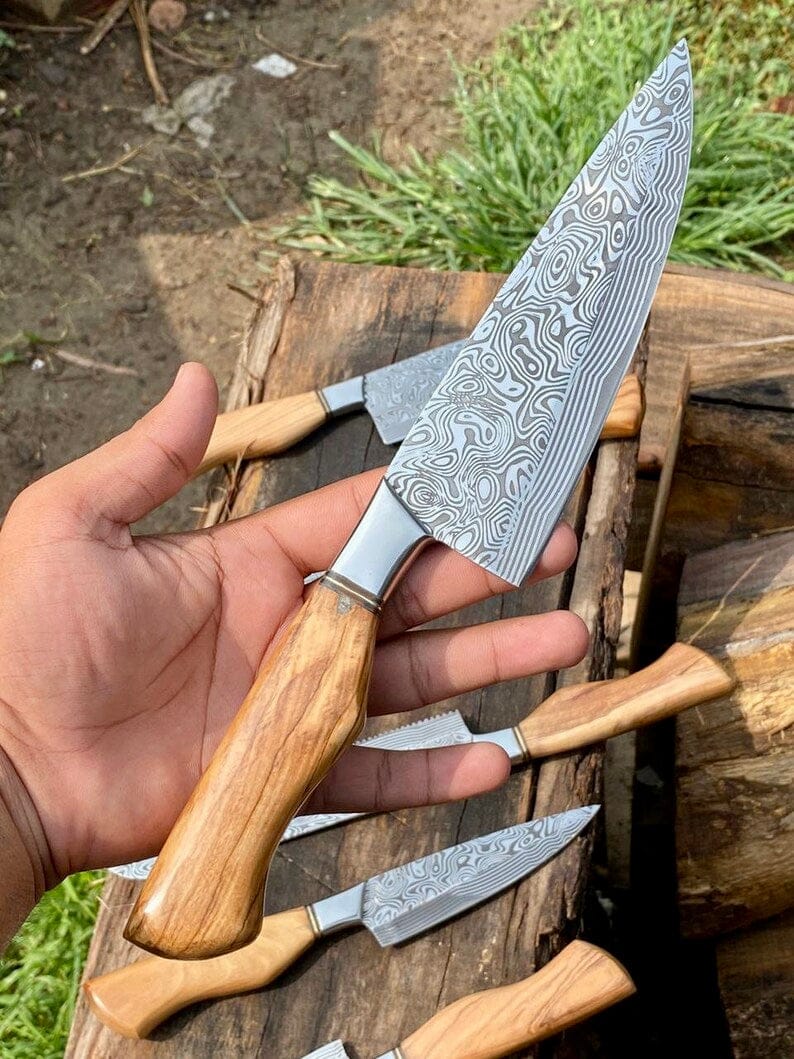 Texan Knives Kitchen knives set Sharp Kitchen Knife Set – 13" Damascus Steel Blade, Olivewood Handle & Leather Sheath