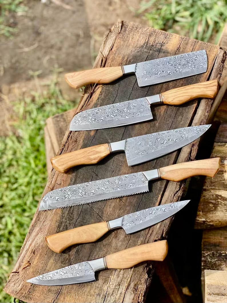 Texan Knives Kitchen knives set Sharp Kitchen Knife Set – 8" Handmade Damascus Steel Blade with Olivewood Handle & Leather Sheath