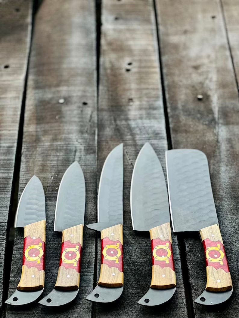 Texan Knives Kitchen Knives Stainless Steel Knife Set 13" – Forged Blades with Olivewood & Epoxy Handles + Leather Sheath