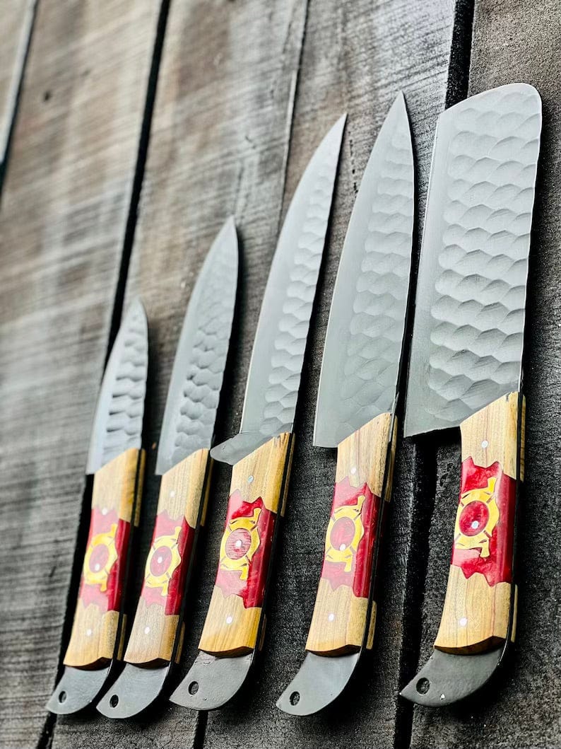 Texan Knives Kitchen Knives Stainless Steel Knife Set 13" – Forged Blades with Olivewood & Epoxy Handles + Leather Sheath