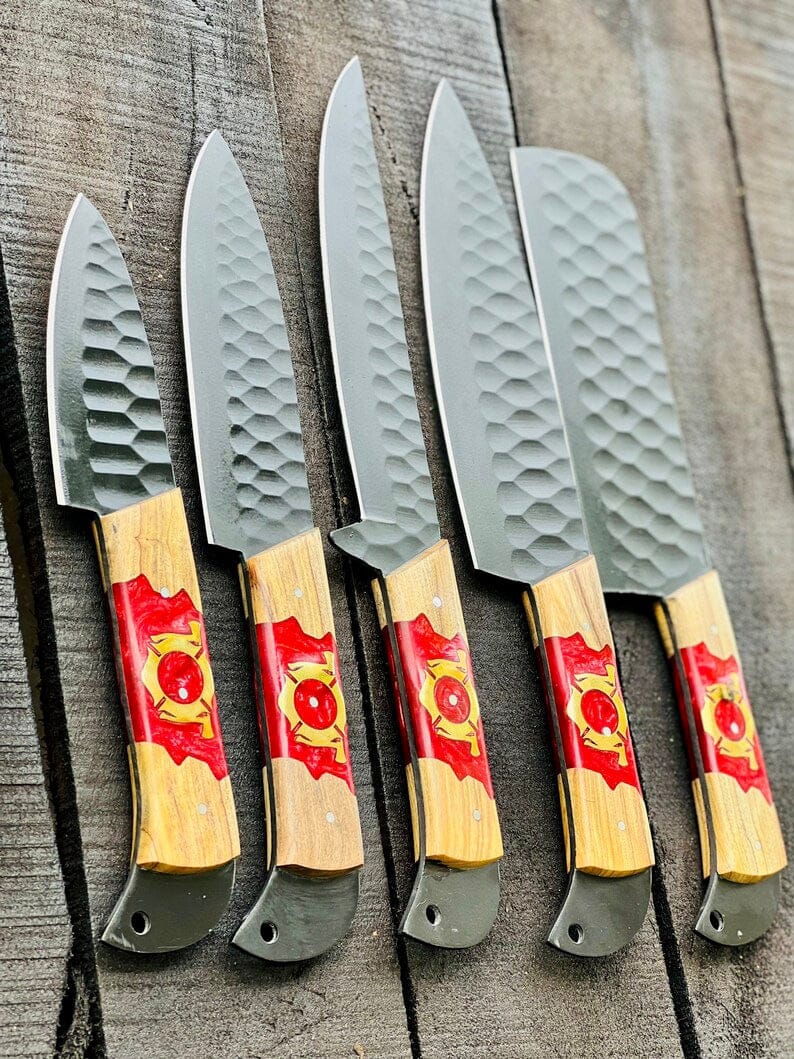 Texan Knives Kitchen Knives Stainless Steel Knife Set 13" – Forged Blades with Olivewood & Epoxy Handles + Leather Sheath
