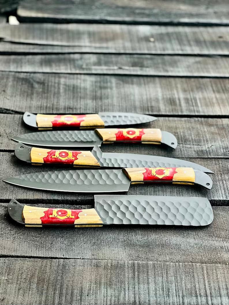 Texan Knives Kitchen Knives Stainless Steel Knife Set 13" – Forged Blades with Olivewood & Epoxy Handles + Leather Sheath