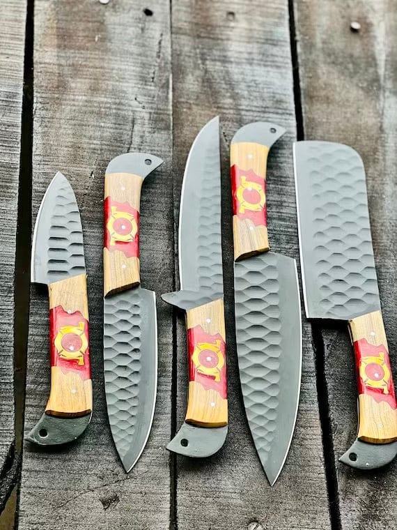 Texan Knives Kitchen Knives Stainless Steel Knife Set – 13" Forged Blades with Olivewood & Epoxy Resin Handles