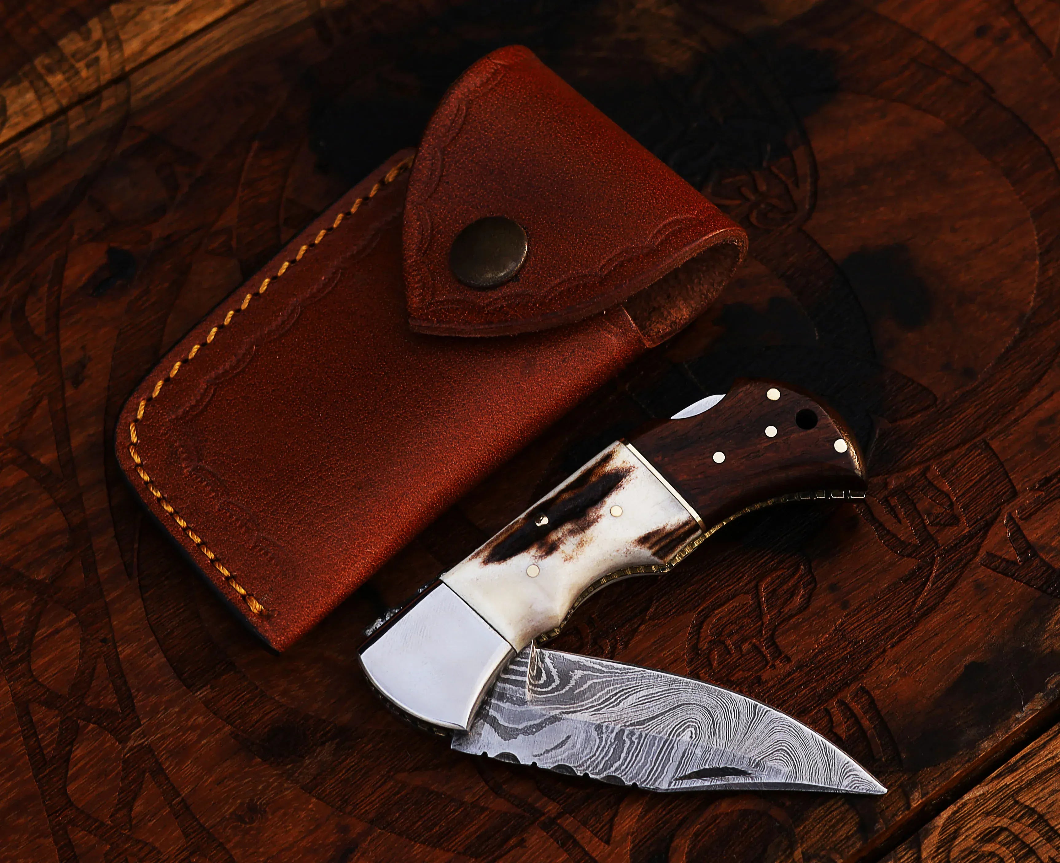 Texan Knives Personalized Damascus Steel Pocket Knife with Damascus Folding Knife - Custom Valentines Day Gift Knife for Husband