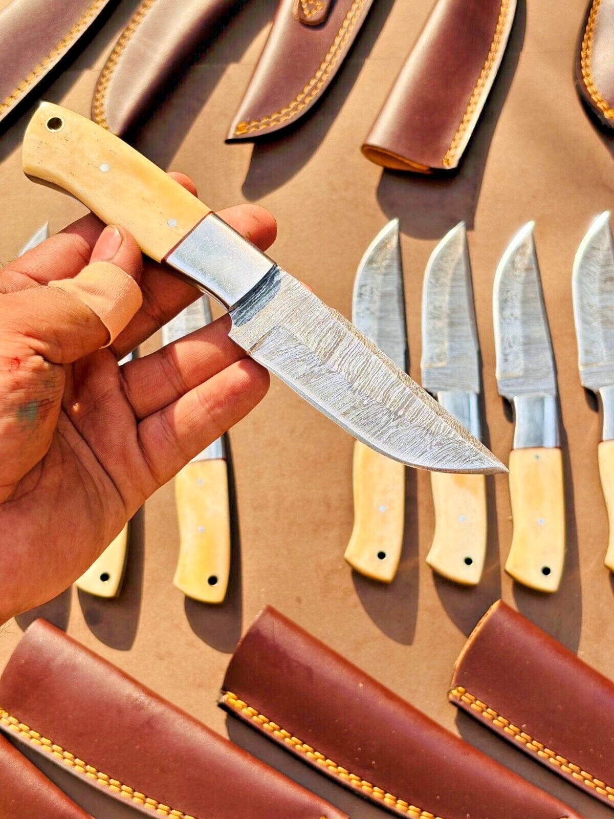 Texan Knives skinning knives Custom Handmade Damascus Skinner Knife with Camel Bone Handle – Premium Hunting Gift