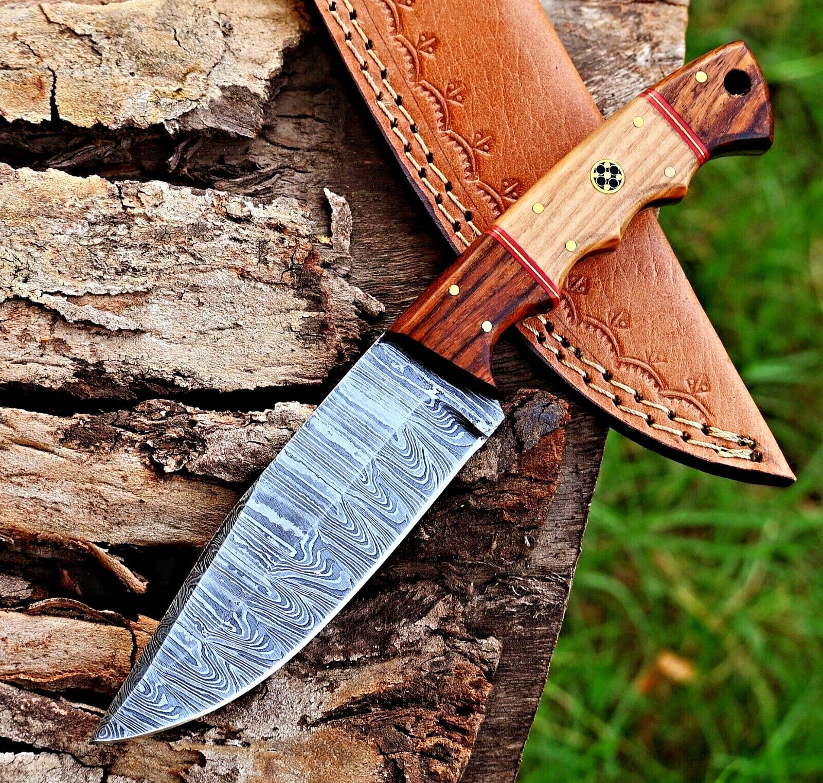 Texan Knives skinning knives Custom Handmade Damascus Skinning Knife – Olive and Rosewood Handle, 4.5" Blade