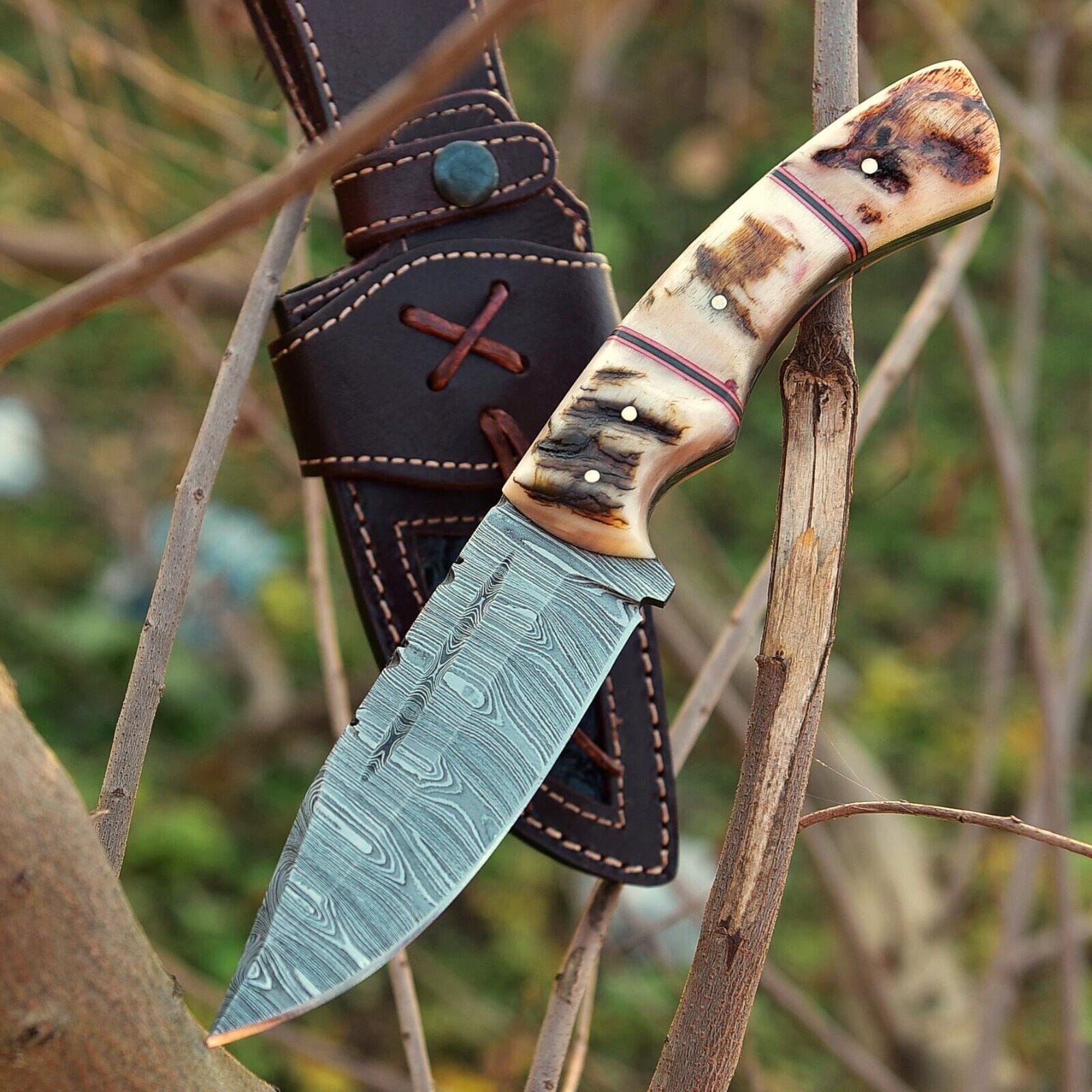 Texan Knives skinning knives Custom Handmade Damascus Skinning Knife with Sheep Horn Handle – 4.5" Blade