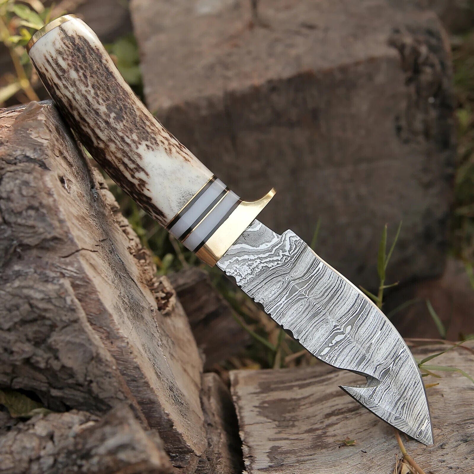 Texan Knives skinning knives Custom Handmade Damascus Steel Guthook Skinning Knife – 9" Stag Horn Handle with Brass Guard & Leather Sheath