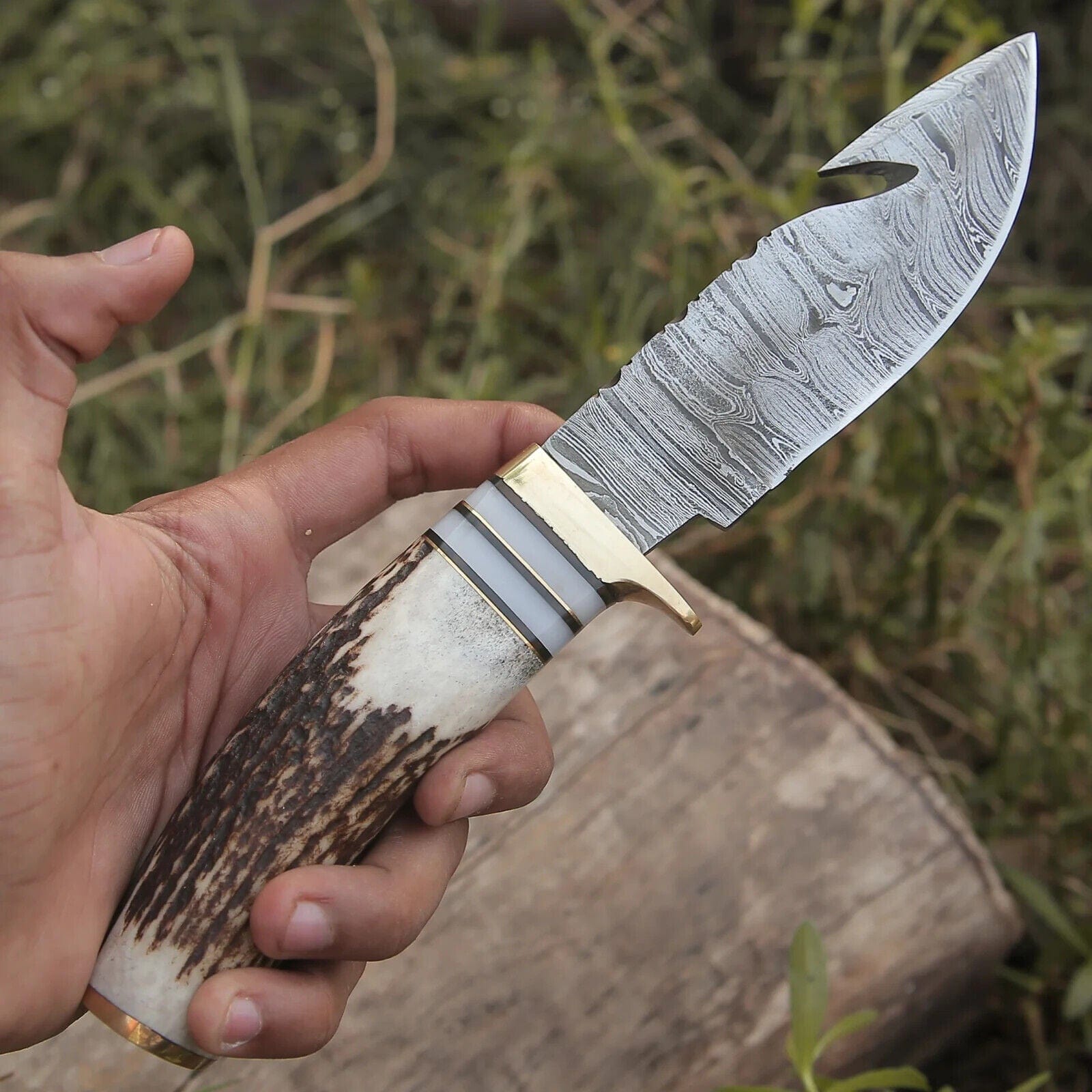 Texan Knives skinning knives Custom Handmade Damascus Steel Guthook Skinning Knife – 9" Stag Horn Handle with Brass Guard & Leather Sheath